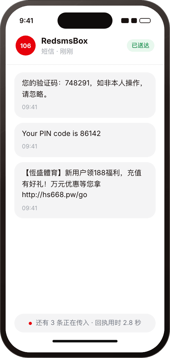 手机短信示例:验证码、PIN code 与营销短信,会话状态显示已送达